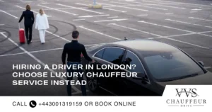 A professional chauffeur in a black suit opens the door of a luxury black car while two elegantly dressed travellers walk away with luggage in an empty parking area. The text overlay reads: "Hiring a Driver in London? Choose Luxury Chauffeur Service Instead." The VVS Chauffeur Drive logo is displayed in the bottom right corner, along with a call-to-action: "Call +44 300 131 9159 or Book Online."