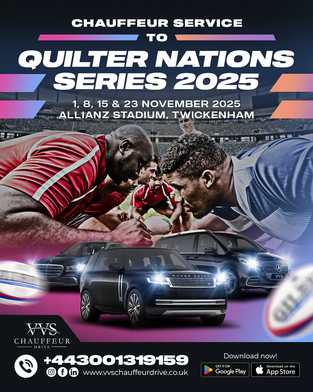 Banner showing Autumn Internationals 2025 rugby match dates on 1, 8, 15, and 23 November at Allianz Stadium, Twickenham, promoting chauffeur transport service by VVS Chauffeur Drive.